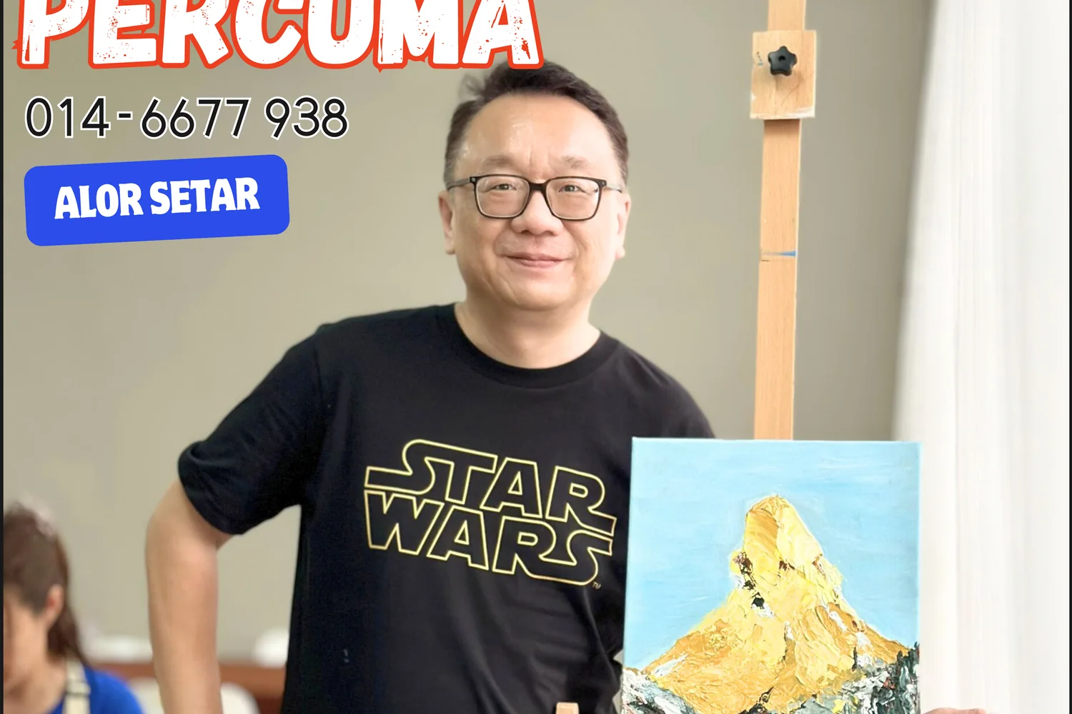 Adult beginner proudly presenting a completed canvas painting at Rycca Painting Class