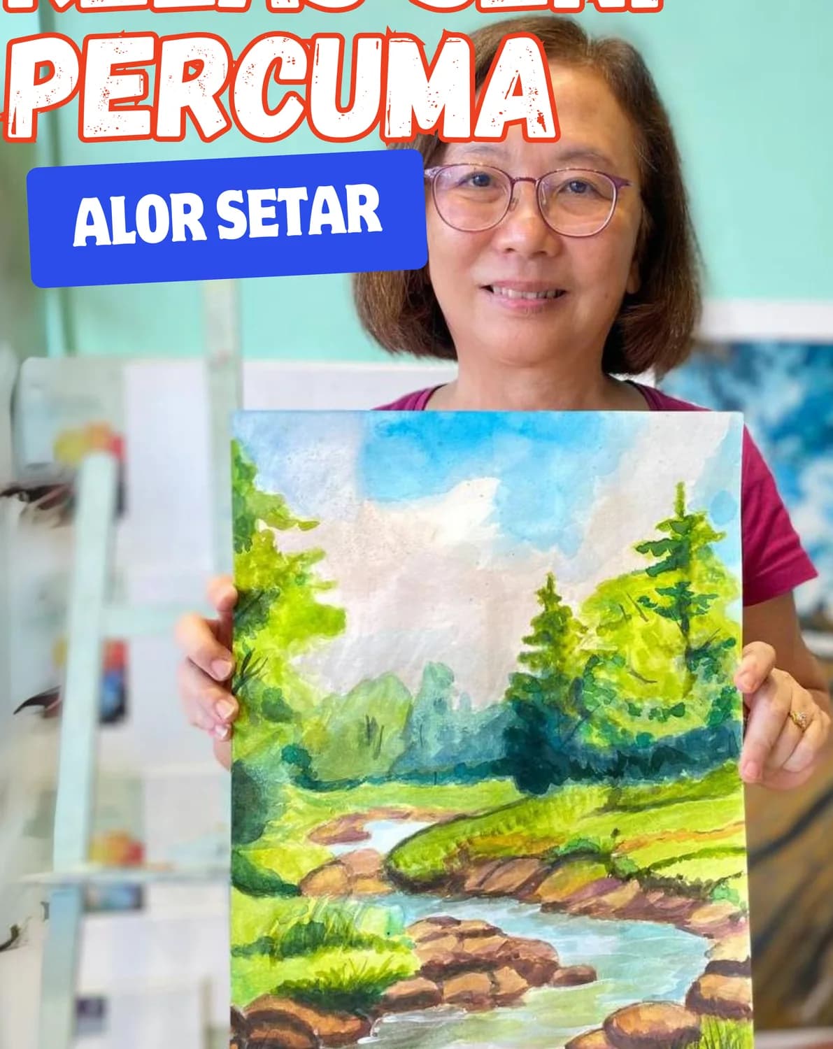 Adult student with a soft landscape painting from Rycca watercolor class
