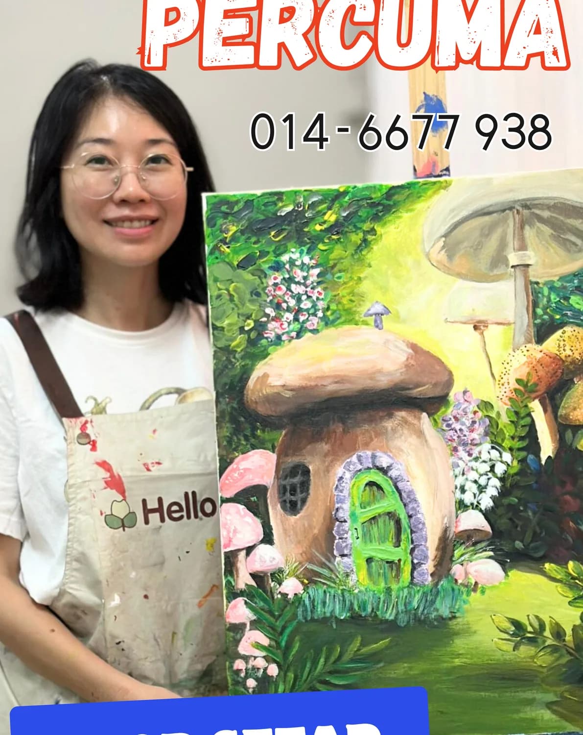 Adult student holding a fantasy mushroom painting at Rycca Painting Class Sungai Long
