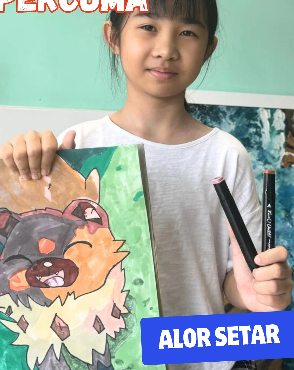 Student presenting anime style character artwork from Rycca art class