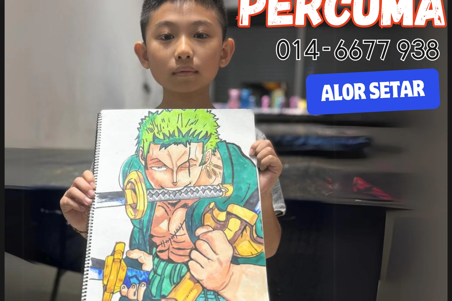 Boy holding comic character drawing from Rycca creative art class