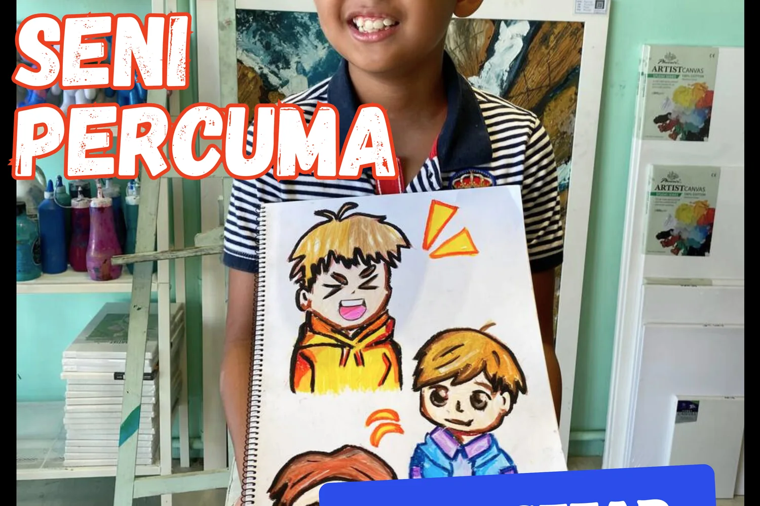 Boy presenting comic portrait artwork after guided drawing class