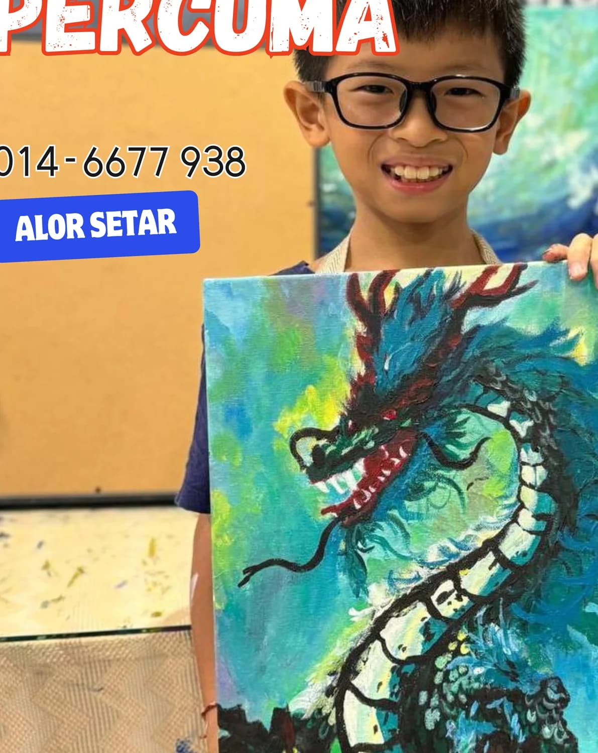 Boy holding expressive dragon and tree painting at Rycca art class