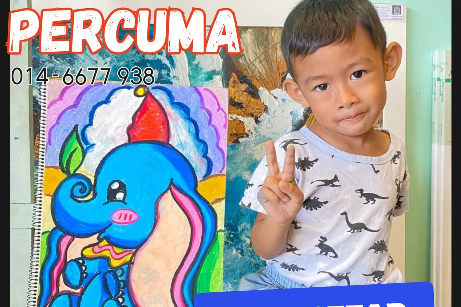 Boy with colourful unicorn cartoon painting from Rycca kids art class