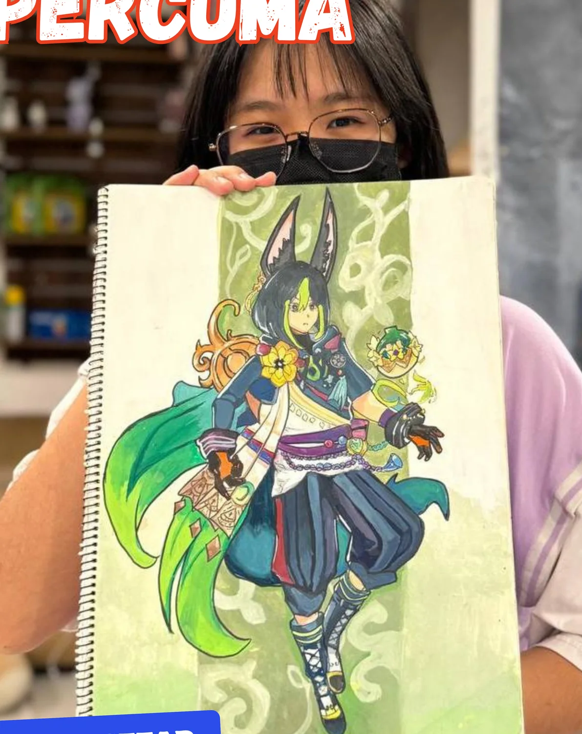 Girl holding anime character drawing from Rycca painting and drawing class