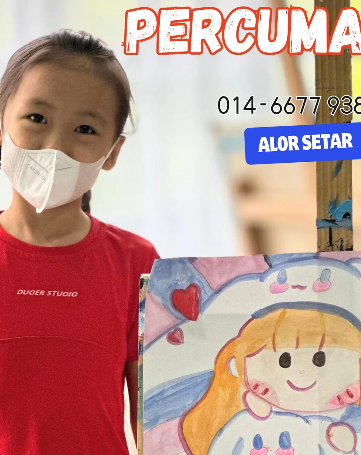 Girl presenting a character artwork after Rycca painting class