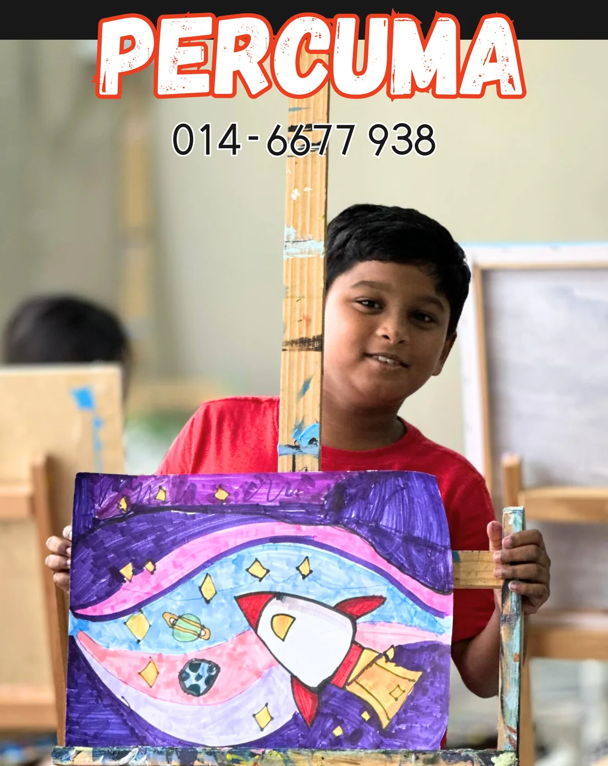 Child holding a bright space cartoon painting from Rycca kids art class