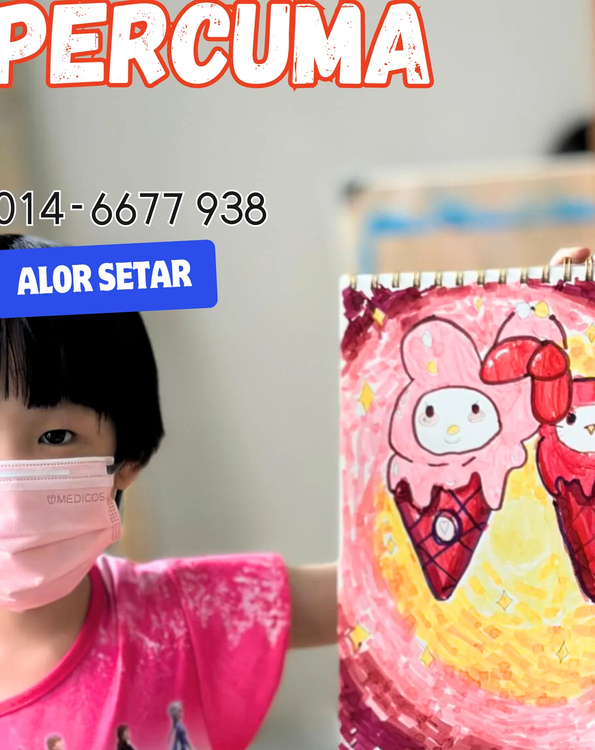 Student holding a pink cartoon artwork from Rycca kids painting class